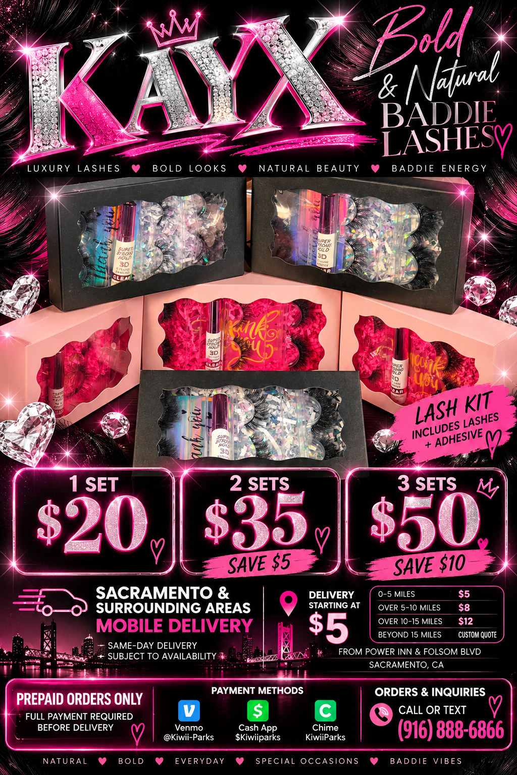 Actual KAYX lash kits in black and pink boxes, with holographic packaging and adhesive